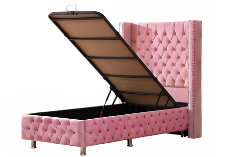 Lit Coffre 1/P - Clouté Rose