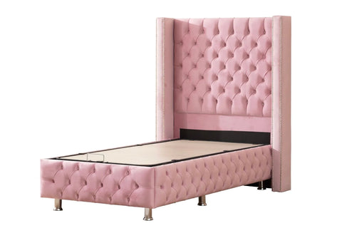 Lit Coffre 1/P - Clouté Rose